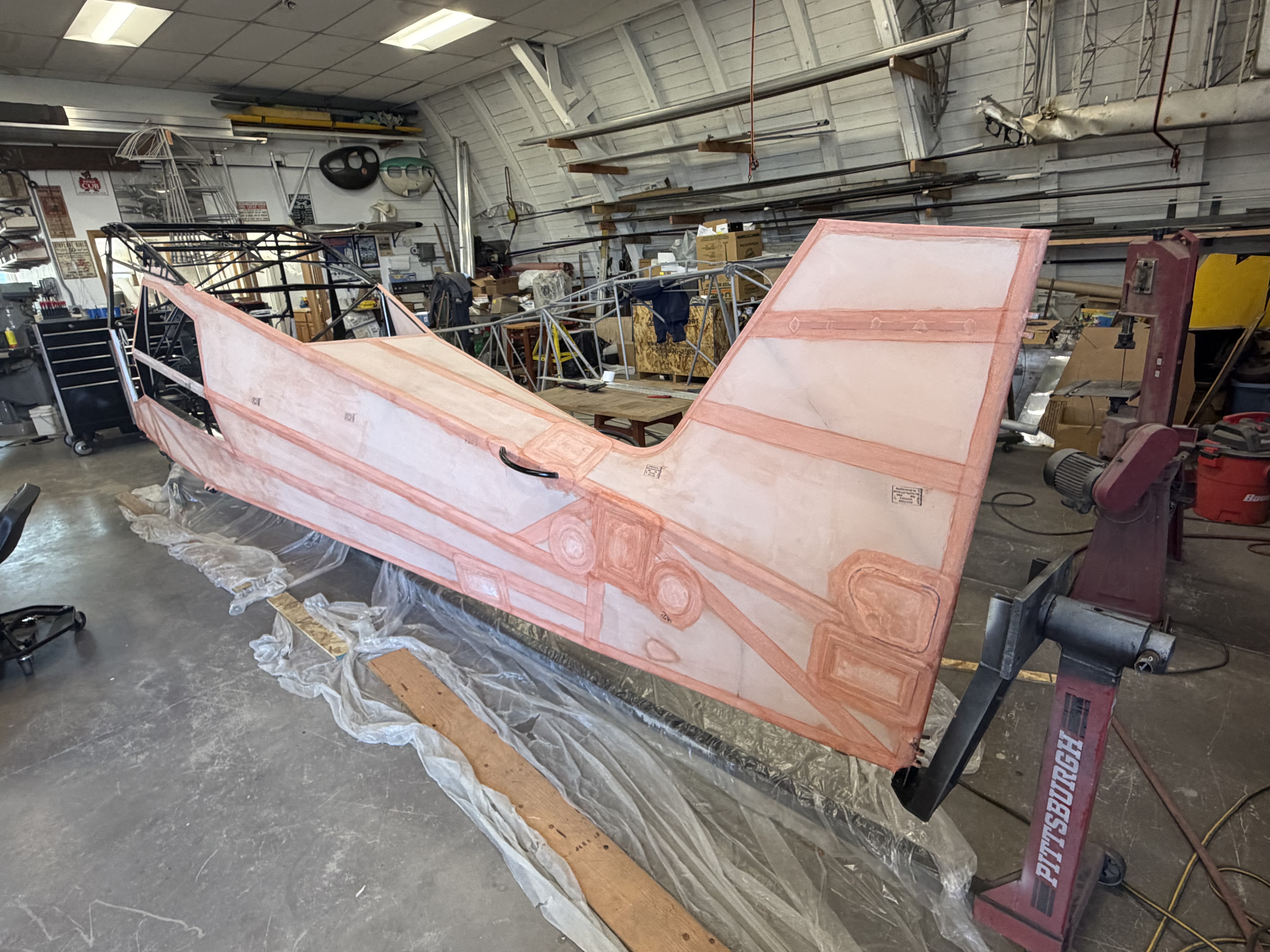Experimental Super Pacer belly skin panels on the rotisserie